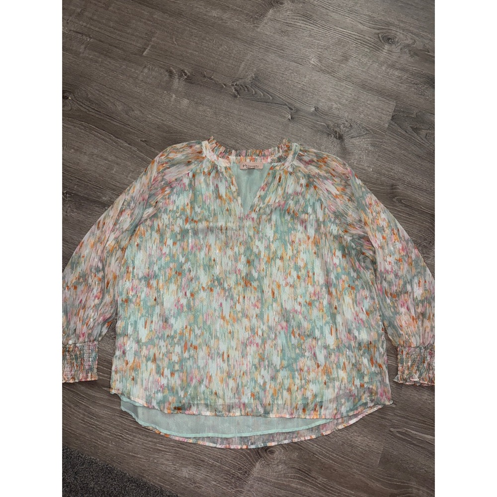 Philosophy Woman Long Sleeve Shimmer Sheer Blouse Top With Smocked‎ Cuff Gold 1X